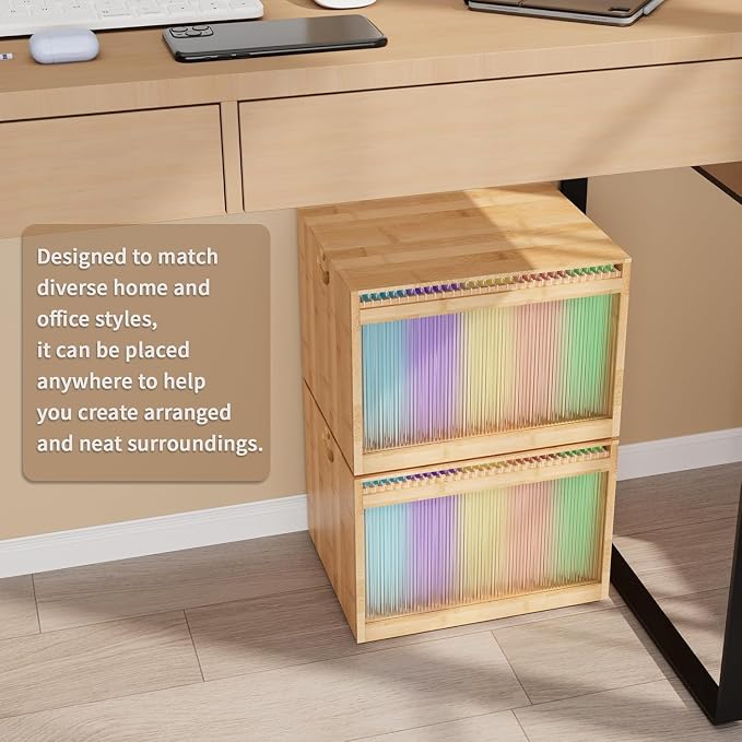 Bamboo Hanging File Organizer, Desktop File Box with Lids, 2 Pack, Natural | Removable Lid, Clear Acrylic Side Panels, 4 Hanging Folders Included, Helps Reduce Dust, Letter & Legal Size, Easy Assembly - Image 5