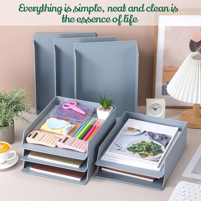 8 Pcs Stackable Paper Trays Rectangular Plastic Desk Holder Desktop Document File Organizer Storage Letter for Office Classroom (Gray) - Image 5