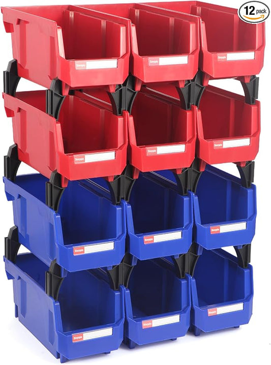 12 Packs Stackable Storage Bins, 11" x 5" x 5" Plastic Bins, | Space-Saving Parts Bin for Garage, Warehouse, Workbench, Hardware & Office by Shineyaplus