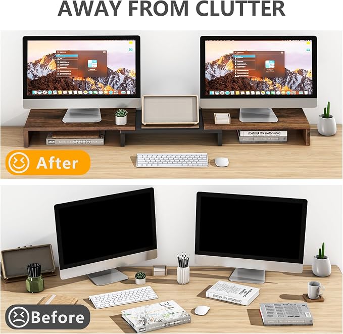 TAVR Dual Monitor Stand Riser, Wooden Computer Monitor Stand for 2 Monitors | Extra Long Multifunctional Desktop Organizer Riser for TV, PC Monitor, Laptop, Printer, Max 43.3" Length, Rustic Brown - Image 2
