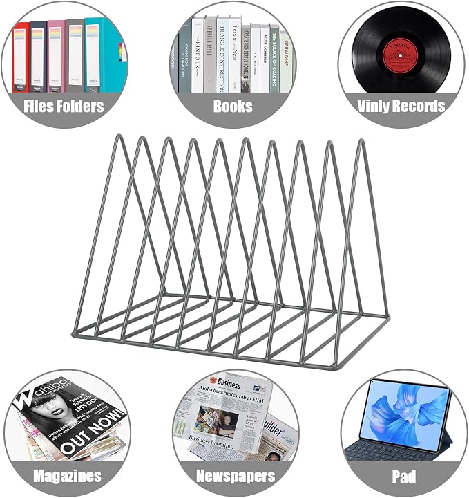 Vinyl Record Holder Storage, 9 Slot Metal Magazine Book Album Display Rack, Stylish Triangle Desktop File Sorter Organizer for Home Office, Grey - Image 4
