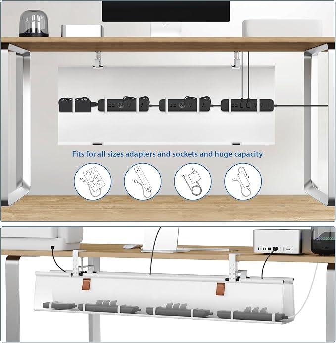 Zilink Large Cable Management Under Desk 40" No Drill Desk Cable Management Clamp/Screw Mount Fabric Cable Tray Sturdy Waterproof Cable Organizer for Office, Home, White - Image 3
