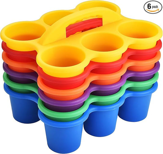 ALINK 6 Pack Classroom Caddy Storage Basket with Handle, Plastic Drink Cup Caddy Holder, 6 Compartments for Kids, Table, Office, Arts, Crafts, Crayon, Marker, Pencil, School Supplies - Assorted Colors by ALINK