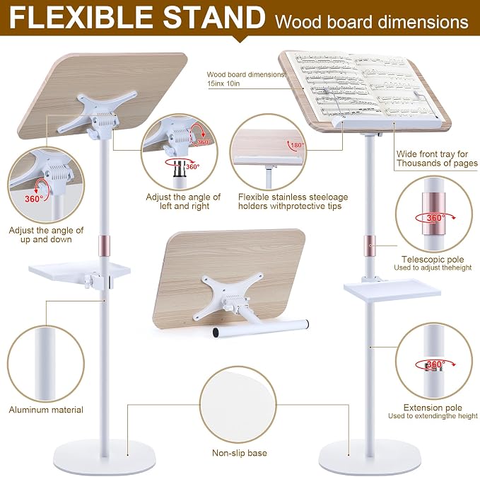 2 in 1 Dual-use Music Stand & Desktop Book Stand, Adjustable Height 16.5"-51", 100% Solid Wood Laptop Floor Stand Book Holder with Elastic Page Clips for Cookbooks (White with Tray) - Image 5