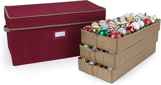 Covermates Keepsakes Adjustable Ornament Storage Box – Heavy-Duty Polyester, Padded Dividers & FlexGrid Trays – Protective Holiday Organizer with Stackable Walls & Label Window, Red by Covermates