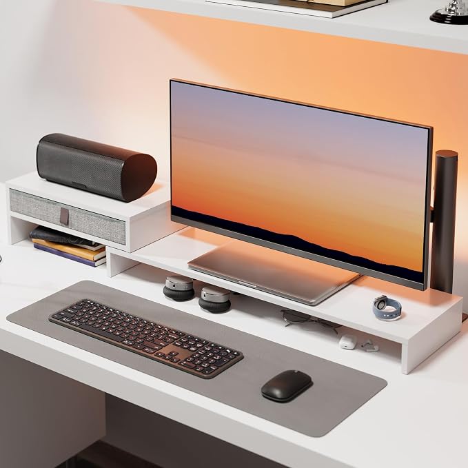 Fenge Triple Monitor Stand with Srorage Drawer, Adjustable Length and Angle | Computer Monitor Riser for 2 or 3 Monitors, Wooden Desktop Laptop Stand, Office Organizer for PC, Screen, Tablet, White - Image 6
