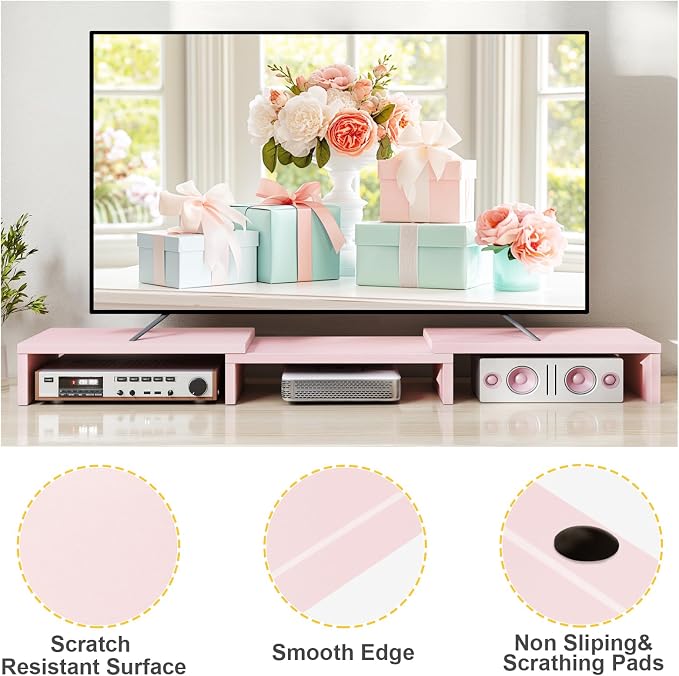 TAVR Dual Monitor Stand Riser, Wooden Computer Monitor Stand for 2 Monitors | Extra Long Multifunctional Desktop Organizer Riser for TV, PC Monitor, Laptop, Printer, Max 43.3" Length, Pink - Image 9