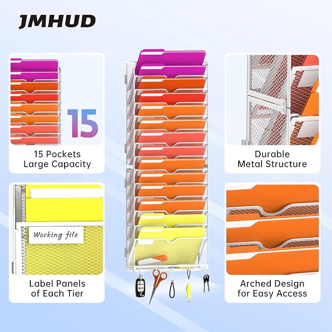 15-Tier Wall File Organizer with Base and Hooks, Hanging Organizer, White | Wall Organizer and Wall File Holder with 15 Vertical Pockets and Bottom Tray for Files, Mail, Folders, Magazines and Paper - Image 3