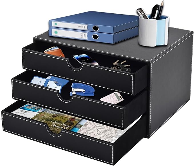 PU Leather Desk Organizer with 3 Drawers,Executive Office Supplies Desktop Filing A4 File Cabinet/Holder for Jewelry/Bill/Paper/Documents/Makeup Home Decor Stationery Storage Box,Black by XNONE