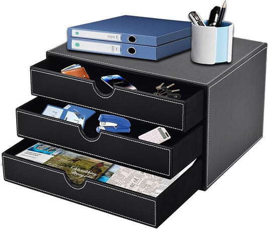 PU Leather Desk Organizer with 3 Drawers,Executive Office Supplies Desktop Filing A4 File Cabinet/Holder for Jewelry/Bill/Paper/Documents/Makeup Home Decor Stationery Storage Box,Black by XNONE
