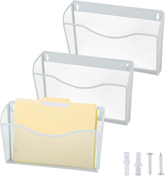 3 Single Pocket Mesh Hanging File Organizer, Vertical Wall Mounted Magazine File Holder, Mount Basket Mail Paper Document Folder Organizing for Office, Home and School, White by EASEPRES