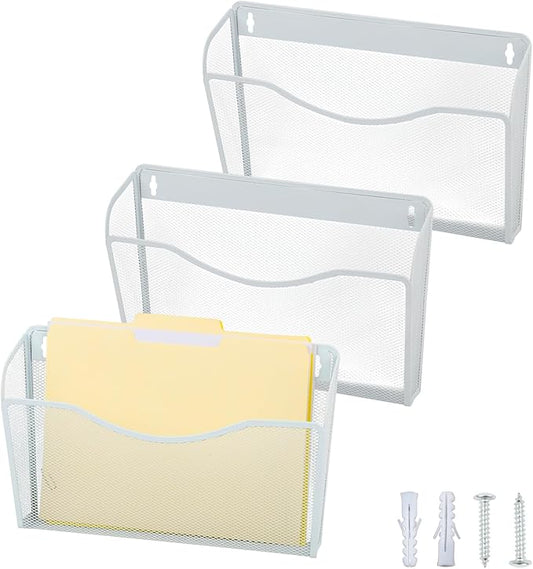 3 Single Pocket Mesh Hanging File Organizer, Vertical Wall Mounted Magazine File Holder, Mount Basket Mail Paper Document Folder Organizing for Office, Home and School, White by EASEPRES