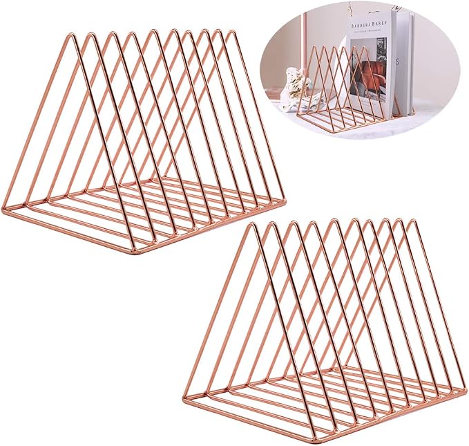 9 Slot Magazine Rack Book Record Holder, Desktop Iron Storage Rack Bookshelf Multifunction Triangle File Organizer Sorter for Decor Home Office, Rose Gold Pack of 2 by EASEPRES