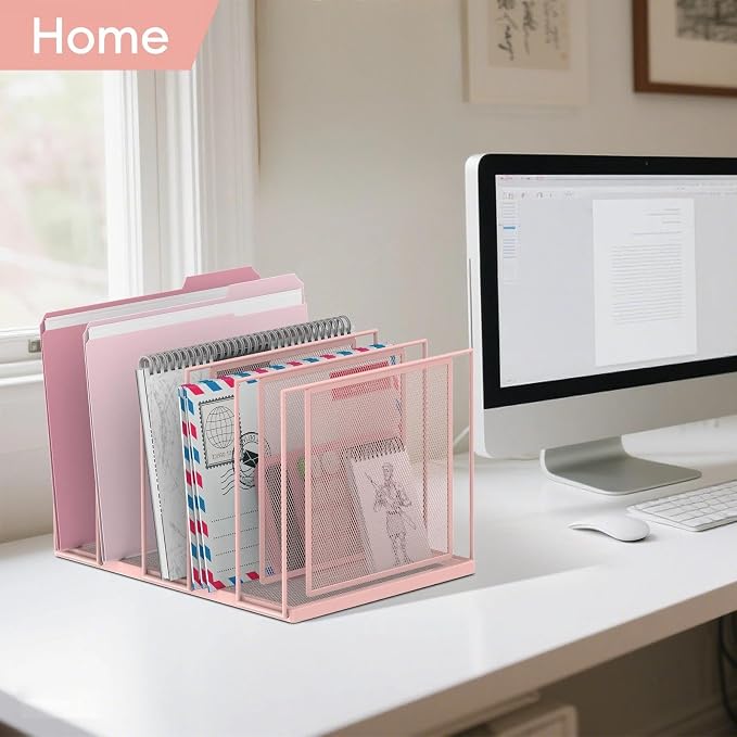 File Organizer for Desk, 5-Section Vertical File Sorter, Paper Holder Organizer Standing Metal File Folder for Office Home Classroom, Pink - Image 7