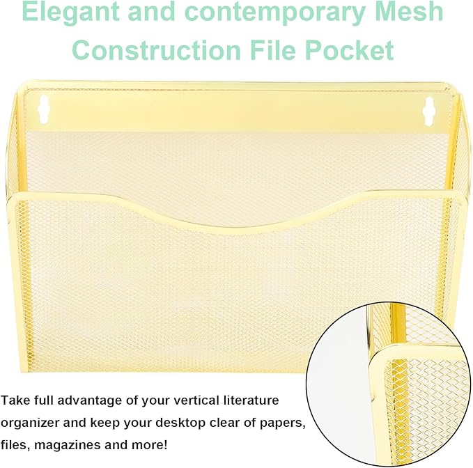 3 Single Pocket Mesh Hanging File Organizer, Vertical Wall Mounted Magazine File Holder, Mount Basket Mail Paper Document Folder Organizing for Office, Home and School, Gold - Image 3