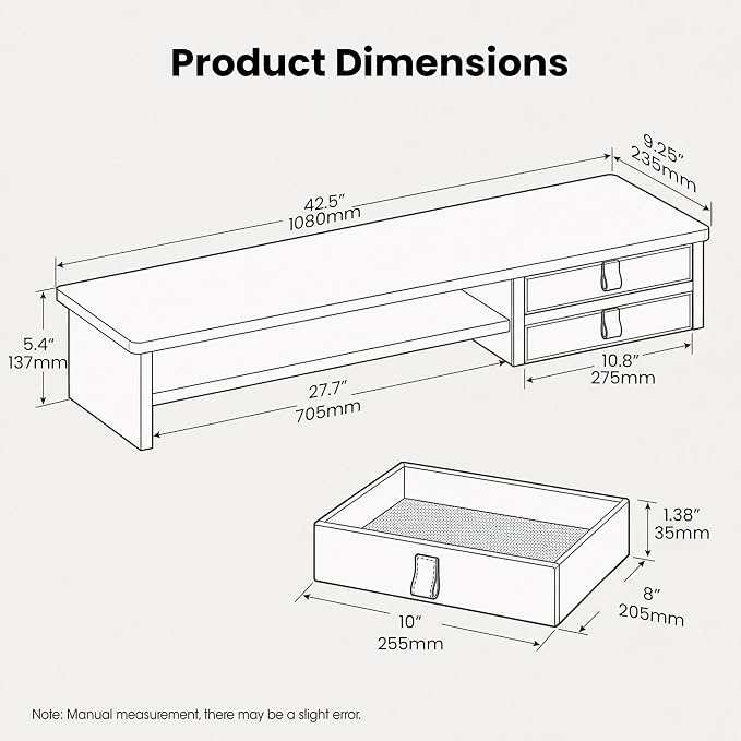 Dual Monitor Stand, 42.5 Inch Wood Monitor Riser with Drawers, 2 Tier Desktop Organizer for Computer Laptop TV, Large Screen Stand for Home Office Desk - Image 2