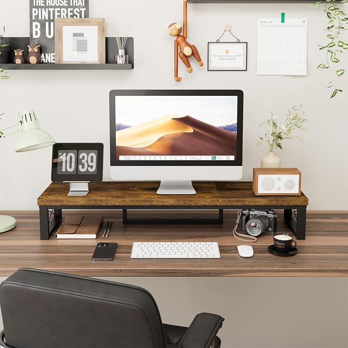 IBUYKE Large Dual Monitor Stand Riser for 2 Monitors, Wooden Desktop Computer Monitor Stand Storage Shelf and Steel Legs,Dual Screen Office Desk,Monitor Riser for Computer, Printer,Laptop,TV,Rustic Brown UTDJ002H - Image 3