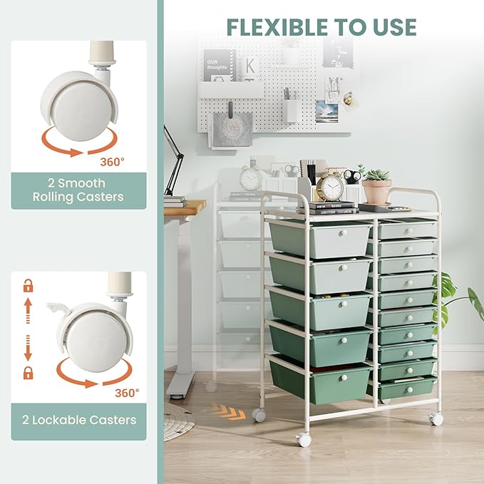 GOFLAME 15-Drawer Rolling Storage Cart, Craft Storage Cart with Removable Drawers & Lockable Wheels, Art Cart Supply Storage Organizer for Home Office Classroom, Green Gradient - Image 5