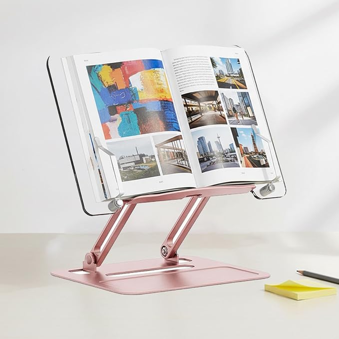 Acrylic Adjustable Book Stand, Reading Stand with Lift Design, High-Density Alloy Desktop Document Holder for Document Recipe, Cookbook, Music Book (Rose) by HomDSim