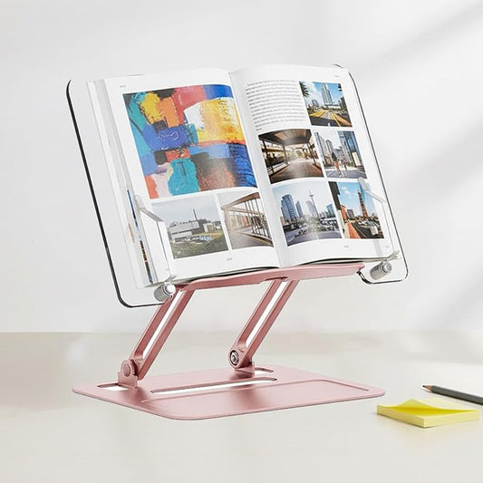 Acrylic Adjustable Book Stand, Reading Stand with Lift Design, High-Density Alloy Desktop Document Holder for Document Recipe, Cookbook, Music Book (Rose) by HomDSim