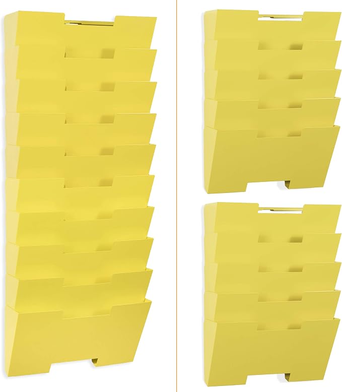 Wallniture Lisbon 10-Tier Metal Wall File Holder Organizer for Organization and Storage, Yellow Office Decor and Magazine Holder - Image 4