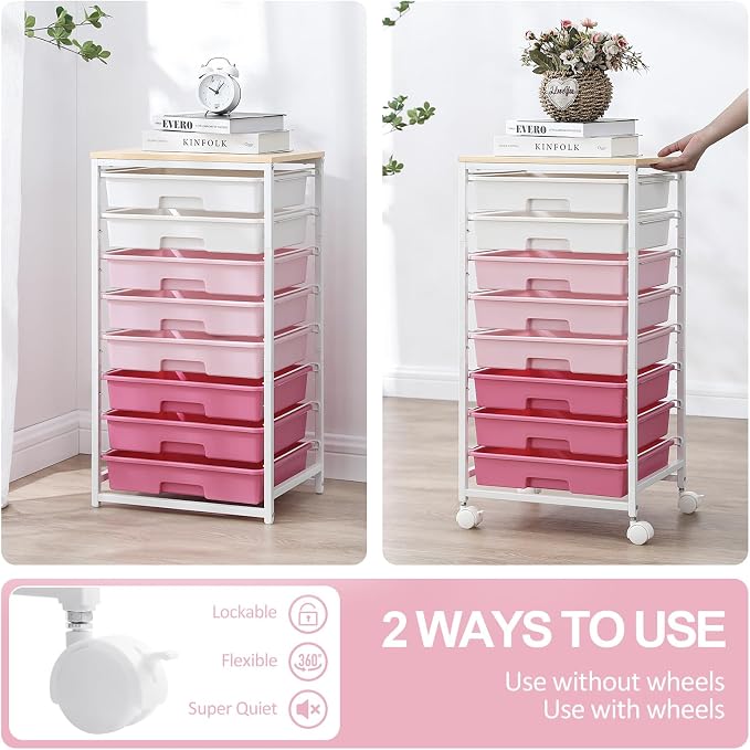 SYKIARIOL Rolling Cart with Drawers,Utility Cart with 8 Drawers,Rose Pink | Craft Organizers and Storage Cart with Wooden Tabletop for Living Room,Classroom, Bedroom,Dorm,Home Office - Image 5