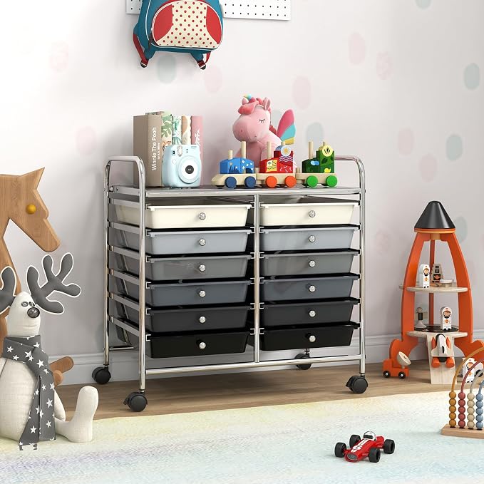 GOFLAME 12-Drawer Rolling Storage Cart, Multifunctional Art Craft Organizer Cart, Mobile Utility Storage Cart with Removable Drawers & Lockable Wheels, Craft Cart for Home Office School, Grey Gradient - Image 9
