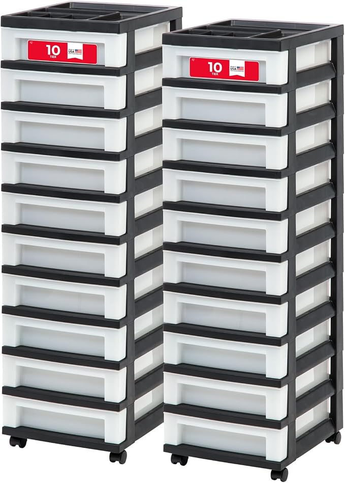 IRIS USA Plastic Drawer Storage Organizer Rolling Cart, 2-Pack, with Wheels Casters, 10-Drawers, for Classroom Art Craft Supplies Dresser Closet Bathroom Laundry Room, Black/Pearl by IRISUSA