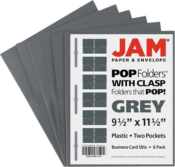 JAM PAPER Plastic Color POP Folders - 2 Pocket Durable Folders with Metal Prongs Fastener Clasps - Grey - 6/Pack - Image 6