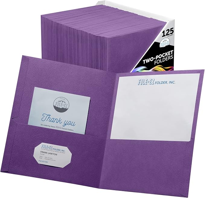 FILE-EZ Two-Pocket Folders, Purple, 125-Pack, Textured Paper, Letter Size (EZ-32445) by FILE-EZ