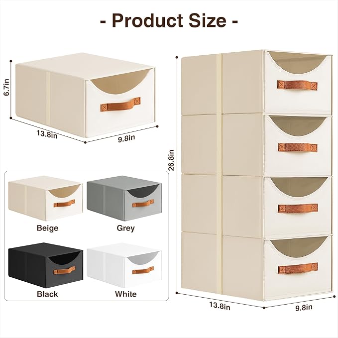 Stackable Storage Drawers - Collapsible Storage Bins with Drawers, 6 Pack Closet Shelf Organizer Basket, Fabric Pull Out Organizer for Bedroom, Living Room, Dorm, Beige - Image 3