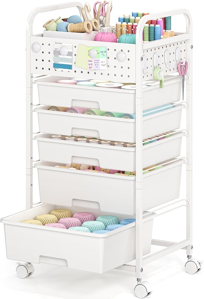 5 Drawer Rolling Storage Cart with Pegboard Top and Hooks, White | Mobile Utility Organizer with Wheels for Office Supplies, Craft Storage, Classroom Organization, Home Storage Cart - Image 9
