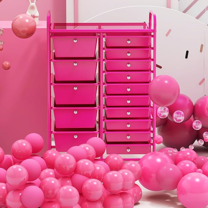 GOFLAME 15-Drawer Rolling Storage Cart, Craft Storage Cart with Removable Drawers & Lockable Wheels, Art Cart Supply Storage Organizer for Home Office Classroom, Hot Pink - Image 2