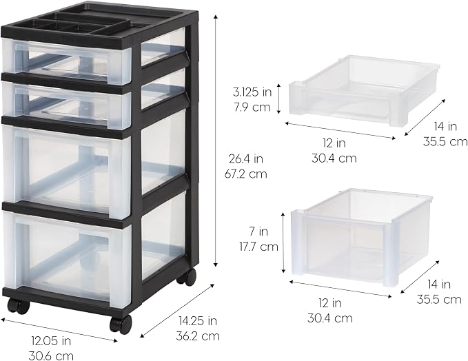 IRIS USA 4-Drawer Rolling Storage Cart, Black/Clear | Keep craft supplies, office essentials, classroom items, and accessories organized with easy-access drawers for daily use - Image 2