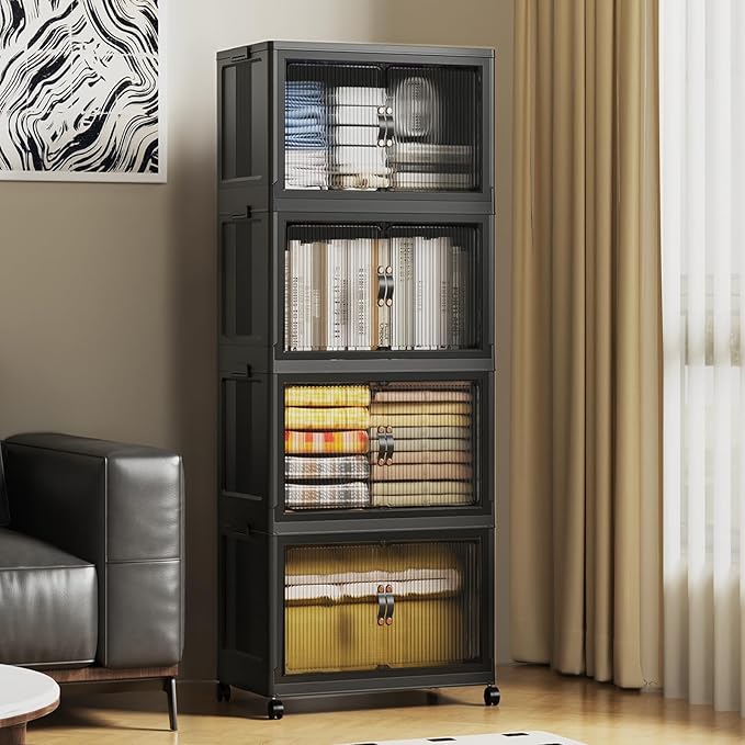SAILUN 140Qt Stackable Storage Bins,Storage Cabinet with a Lid,4 Pack Black | Stackable Storage Drawers with Lids,18" W x 11" D x 41" H,Featuring open-front Access for Clothes and Closet Storage by SAILUN