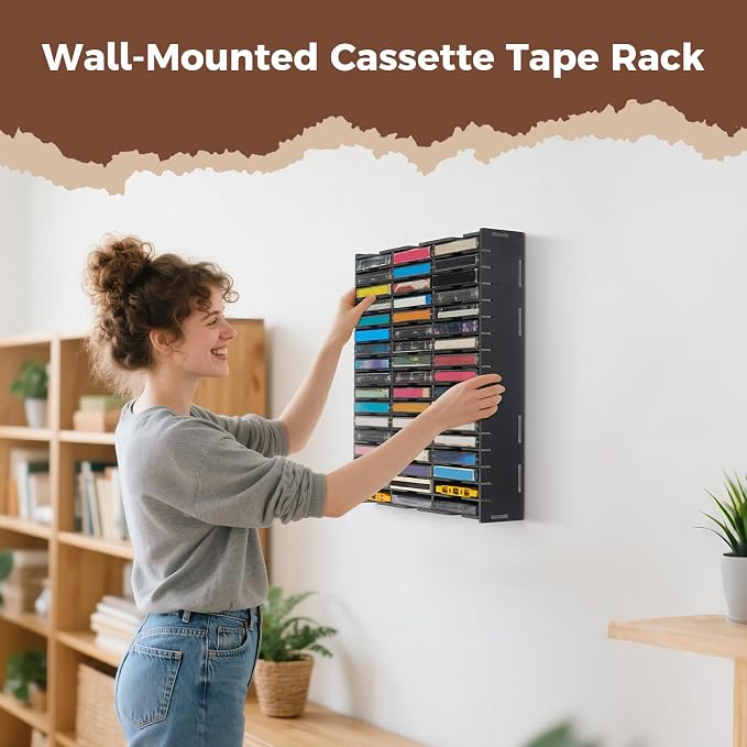 51-Slot Cassette Tape Storage, Desktop Audio Tape Organizer | Wall-Mounted Cassette Holder Rack, Black - Image 4