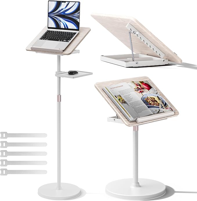 2 in 1 Adjustable Book Stand - Dual-Use Floor and Desktop Book Holder Stand, Height Adjustable 23.5-52 in, Elastic Page Clips for Music Sheet, Recipe, Tablet, Laptop-White by Haweah