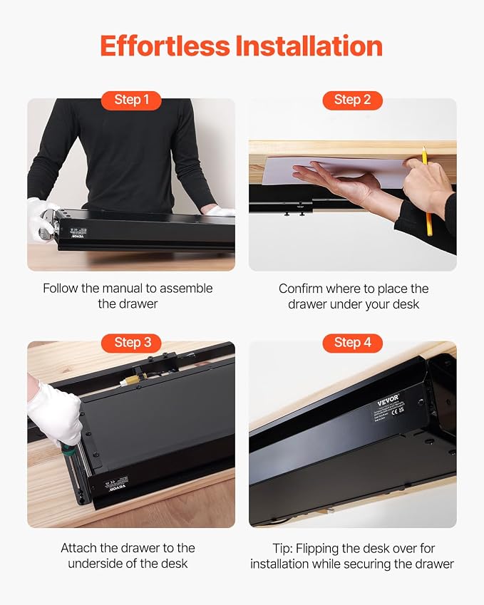 VEVOR Under Desk Drawer Slide Out, 33inch Under Desk Mounted Pull-out Drawer Attachment, Hidden Under Counter Drawers for office Home Sit Stand Workstation, Black - Image 8