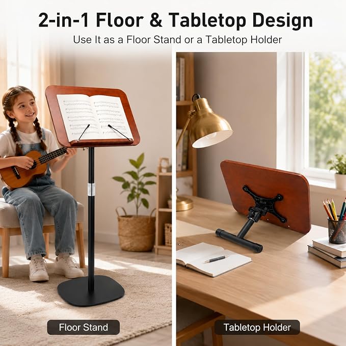 2-in-1 Dual-Use Music Stand & Desktop Book Stand with Storage Tray, Adjustable Height 22"-51" Solid Wood Book Holder with Page Clips, Laptop Floor Stand for Cookbooks, Sheet Music, Bible, Tablet - Image 4