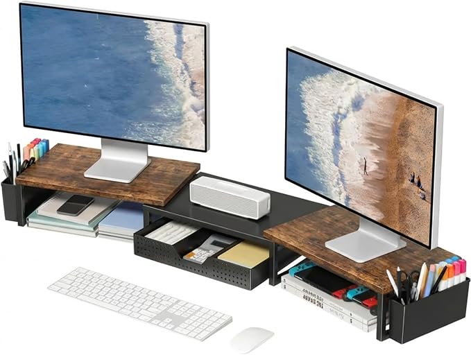 Desk Organizers and Accessories, Dual Monitor Stand Riser with Drawer and 2 Pen Holders, Desk Shelf Computer Racks for Office Workspace Organizers, Desktop Organization (Rustic Brown) by OPNICE