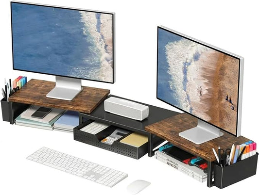 Desk Organizers and Accessories, Dual Monitor Stand Riser with Drawer and 2 Pen Holders, Desk Shelf Computer Racks for Office Workspace Organizers, Desktop Organization (Rustic Brown) by OPNICE