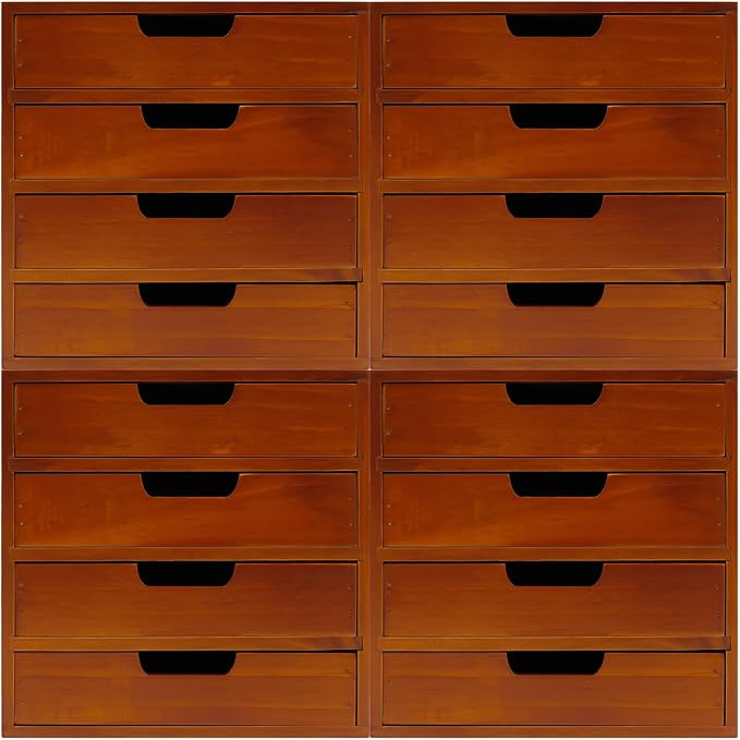 4-Pack Wooden Drawer Organizer Set, Stackable 4-Drawer Desktop Storage Cabinets in Modern Mahogany Wood - 16-Drawer Countertop Organizer for Office, Vanity, Home, and School (Wood Color) by Unknown