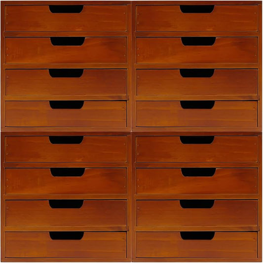 4-Pack Wooden Drawer Organizer Set, Stackable 4-Drawer Desktop Storage Cabinets in Modern Mahogany Wood - 16-Drawer Countertop Organizer for Office, Vanity, Home, and School (Wood Color) by Unknown