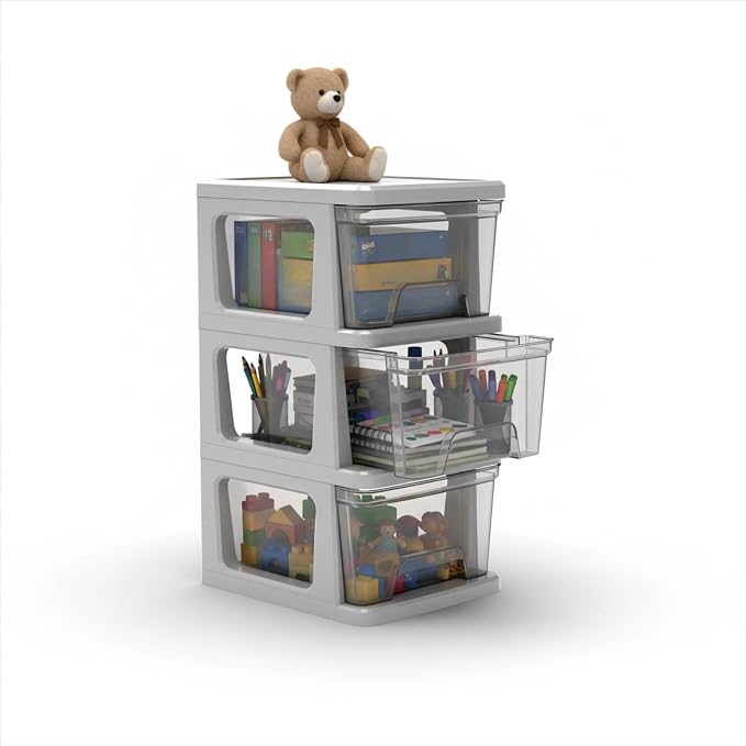 Plastic Drawer Wide Tower Plastic Storage Cart with Clear Pull Out Drawers, Silver (3 Drawer Wide Tower) - Image 5