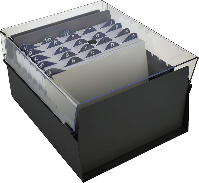 Acrimet 5 X 8 Card File Holder Organizer Box Metal Base Heavy Duty (AZ Index Cards and Divider Included) (Black Color with Clear Crystal Plastic Lid Cover) | With A-Z Index & Non-Slip - Image 3