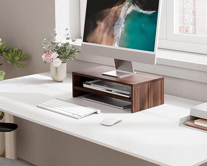 FITUEYES Wooden Monitor Stand Riser, 2-Tier Desk Storage Shelf, Brown | 16.7-Inch Desktop Organizer Fits Laptop, Computer Screen and Office Supplies - Image 2
