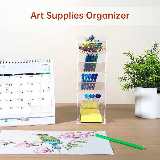 BEYGORM Acrylic Vertical Marker Organizer for 50 Markers, Desk Orgaizer | 5 Compartments Clear Angled Pen & Pencil Holder, Large Stationery & Art Supply Storage for School (10.2 x3.3 x 4 Inch) - Image 3