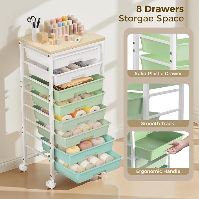 Rolling Cart with 8 Drawers, Plastic Drawer Storage Carts with Wheels & Wooden Tabletop, Metal Utility Cart Organizer for Bedroom Living Room Office Classroom Craft Organization and Storage, Green - Image 3