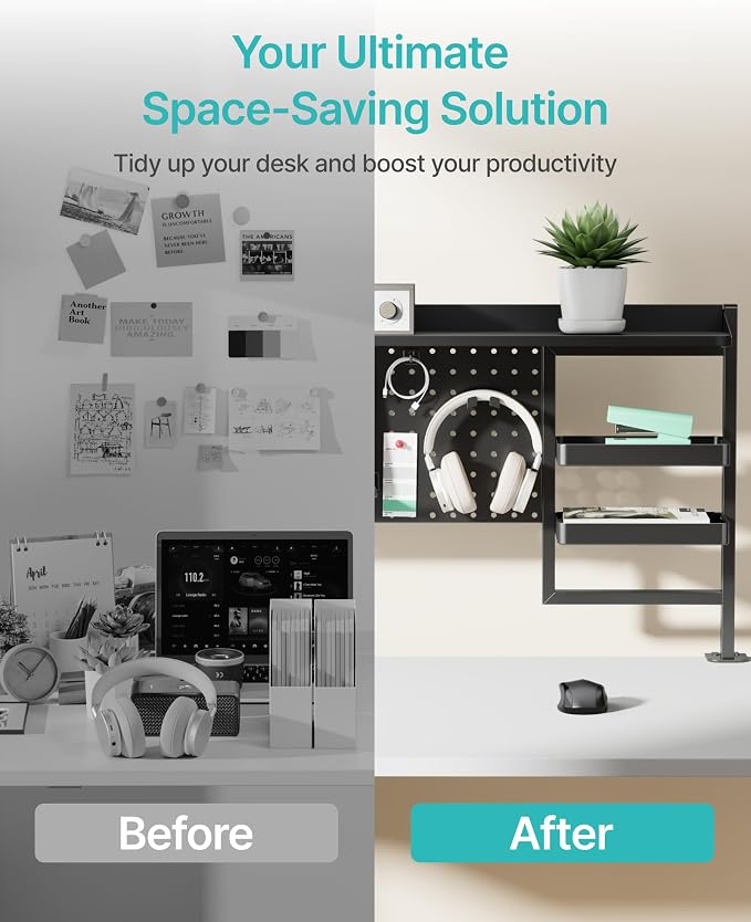 Clamp on Desk Shelf, 44" Desktop Shelving System, Black | with Pegboard and Accessories, Desktop Organizer with 2-Tier Shelf, Desk Pegboard for Office Home Gaming - Image 6