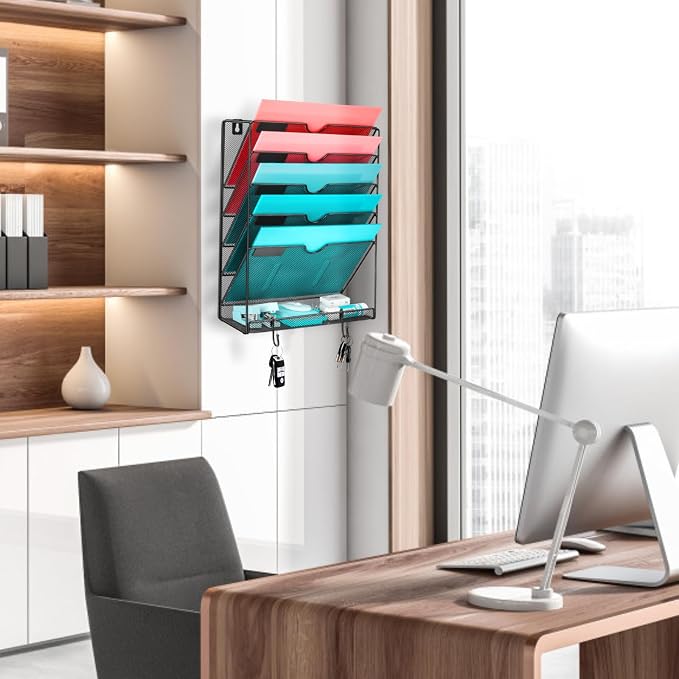 Wall File Organizer, 6 Pockets Mesh Hanging File Organizer, Wall Mount File Holder With Hooks, Wall Organizer Magazine Rack for Office Supplies, Black - Image 5